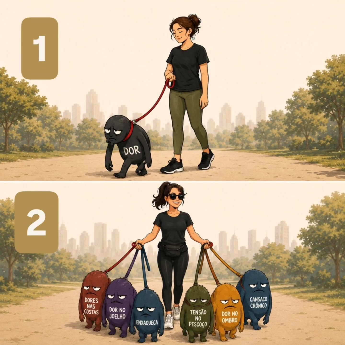 Ilustração de dores acumuladas sendo levadas como bichinhos de estimação